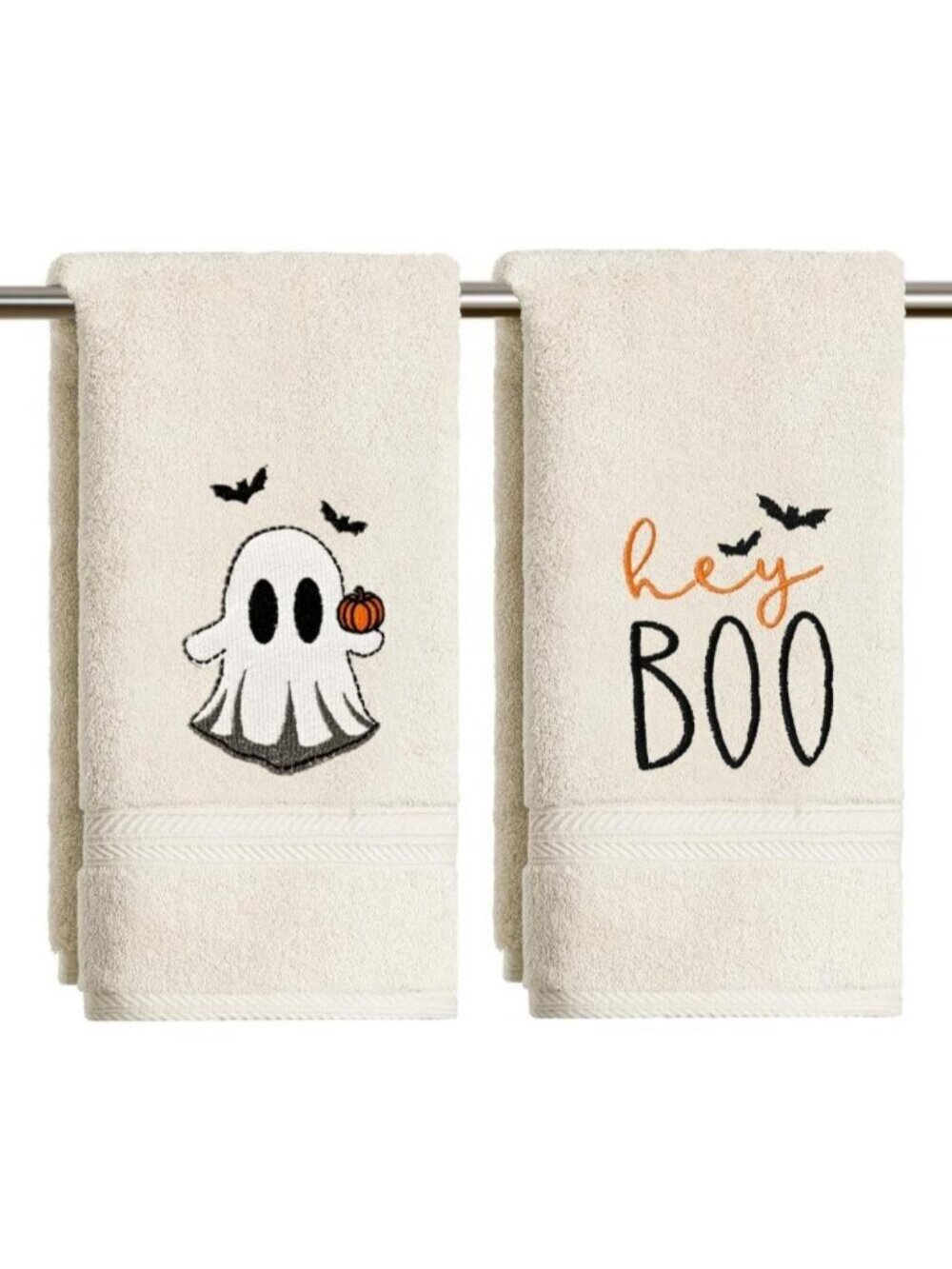 2 Pcs Black Ghost Boo Beige Halloween Embroidered Hand Towels 13.7 x 29.5 Inch